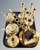 A tray of brass including blow lamp, a pair of candlesticks, teapot etc.