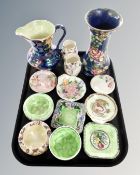 A tray of Maling lustre ware including tall spill vase, coronation dish, storm pattern jug etc.