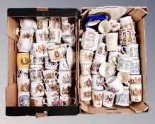 Two boxes containing a large quantity of commemorative china including Maling examples.
