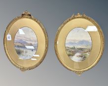 R Hayes (British, early 20th century) Lady walking a dog by a highland river, watercolour,