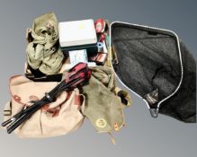 Two boxes of fishing accessories, Grays landing net, fishing bags, tripod stool, line, tackle box,
