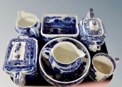 A tray of blue and white Maling Spode ceramics.