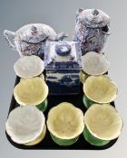 A tray of Maling pottery including Sunday dishes, chintz water jug and teapot caddy.