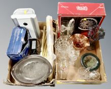 Two boxes of glass ware, carnival glass dish, boxed Opera comport, brass poles,