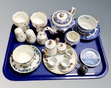 A tray containing a miniature tea service, blue and white china, a pair of Minton dishes etc.