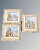 Four contemporary oil paintings : three depicting Parisian street scenes and a study of two figures