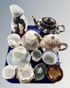A tray containing a Wedgwood two tone pottery teapot, Adamsware mug, Wedgwood trinket pot,