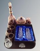 A tray containing a gilded glass decanter set, lidded bowl, a pair of brass tumblers etc.