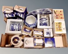 A box of Ringtons blue and white china, a miniature replica Maling jug, coronation teapot etc.