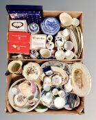 Two boxes of ceramics including Maling storm pattern jug, blue and white caddy etc.