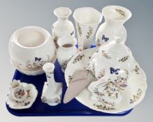 A tray of Aynsley Cottage Garden ceramics including vases, cake slice, comport,