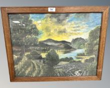 A continental colour print depicting a lake at sunset, 52cm by 40cm.