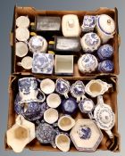 Two boxes of Ringtons willow pattern blue and white and chintz china teacups, ginger jars etc.