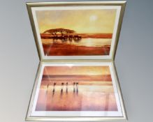 Two contemporary prints after Jonathan Sanders together with two oriental style embroideries in