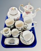 A tray containing Coalport Ming Rose ginger jar in cover, Wedgwood William Shakespeare mug,