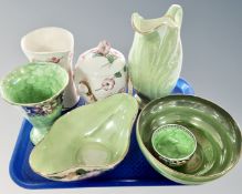 A tray of Maling pottery including blossom bough biscuit barrel, green lustre ware etc.