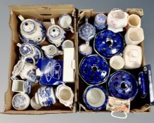 Two boxes of Maling and Ringtons ware including willow pattern, posy vases etc.