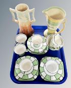 A tray of New Chelsea Art Deco tea china, Wadeheath jug and a further jug.