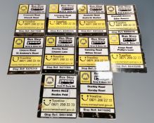 A collection of metal Merseytravel bus stop signs, Stanley Road, Hornby Road etc.