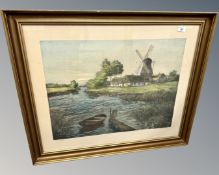 Continental school : farmstead by a river, hand coloured etching, 65 cm x 49 cm,