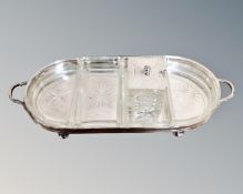 A silver mounted cut crystal preserve pot together with a glass and silver plated serving stand.