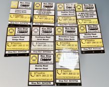 A collection of metal Merseytravel bus stop signs, Waterloo Road, Hillside Village etc.