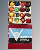 A vintage box of Italite pool balls, size 1¾