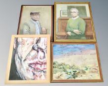 Three portait oil paintings and a beach landscape