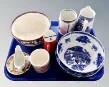 A tray containing a Maling willow pattern bowl, Seatham ware chang pattern pottery, Maling beaker,