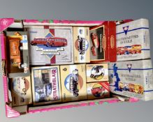 A box of die cast vehicles including Corgi, Routemaster, British Railways Transport,