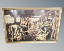 A 20th century wool panel depicting sheep shearing,