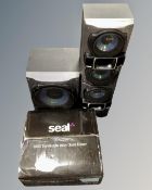 A USB turntable together with a pair of Sony speakers and subwoofer.