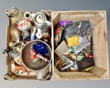 A box and crate containing china animal figures, ornaments, ceramics,