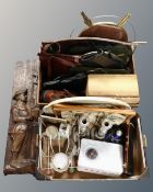 Two boxes containing vintage mirrors, radio, candlesticks,