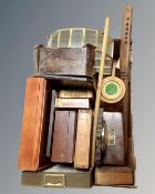 A box containing slate mantel clock, glass and brass tabletop curio cabinet, metal drawer,