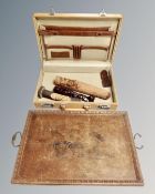 Oak serving tray with brass handles bearing the crest of St.