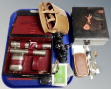 A tray of cased vintage field glasses, gent's travel set, fountain pens and ink,