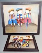 Two framed paintings depicting lady's on bicycles
