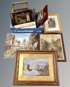 A box containing antiquarian pictures and prints in picture frames including an oil painting
