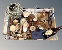 A box of wooden candlesticks, 1929 bottle of Prince Ale (sealed), 1970's Studio pottery lamp,