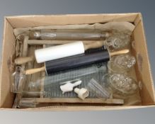 A box of vintage kitchenalia to include pine and metal wash board, rolling pins, measures,