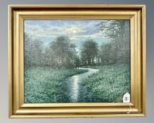 R. Krause : Marshland at sunset, oil on canvas, 45cm by 35cm.