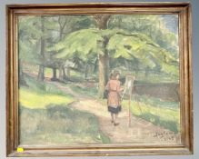 Jon Svone : A lady painting in a forest, oil on canvas, 64cm by 52cm.