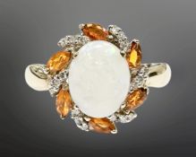 A 9ct gold opal and diamond cluster ring, size S, 3.1g.