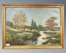Continental school : a thatched cottage by a river, oil on canvas,