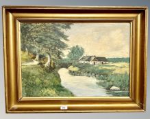 Continental school : farm building by a bridge, oil on board,