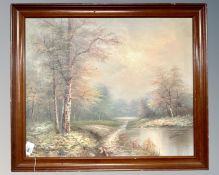H. Gailey : A river through woodland, oil on canvas, 60cm by 50cm.