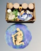 A 20th century pottery relief plaque depicting a mother with child together with a box containing