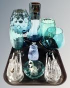 A tray of assorted glass ware, pair of Edinburgh Crystal swan dishes, Caithness vase and dish,