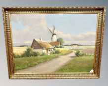 Continental school : Dutch cottage with windmill, oil on canvas,